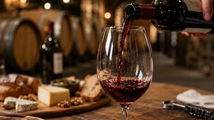 Vino tinto sirviéndose en una copa dentro de una bodega, acompañado de quesos, pan y productos gastronómicos en una experiencia de enoturismo sensorial