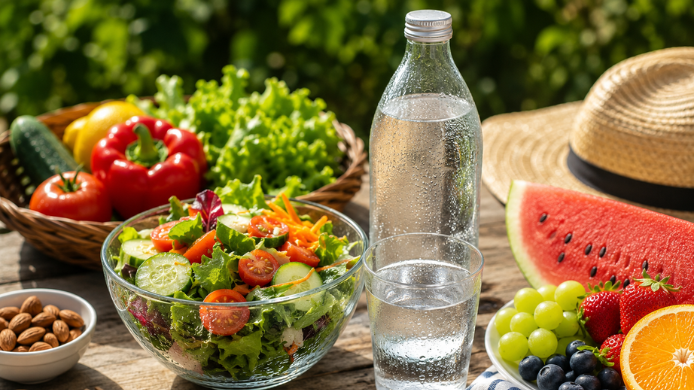Mesa al aire libre con ensalada fresca, frutas de verano, verduras, frutos secos y agua fría, una propuesta de alimentación saludable e hidratación durante los días de calor.