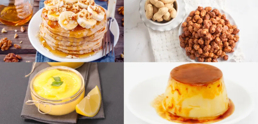 Tortitad de plátano, crema de limón, cacahuetes caramelizados y flan de huevo ideas de postres