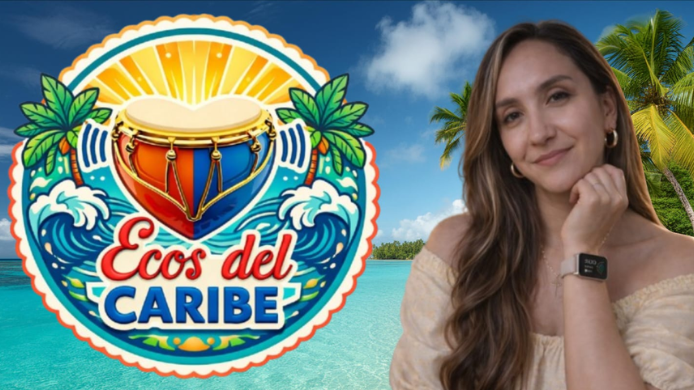 Karen Nieto, creadora y directora de Ecos del Caribe, junto al logotipo del proyecto sobre un paisaje tropical del Caribe colombiano.