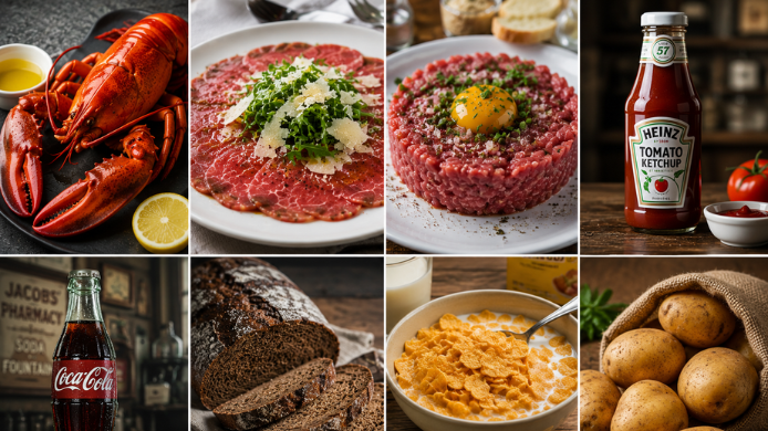 Collage de alimentos con orígenes curiosos en la gastronomía mundial: langosta, carpaccio, steak tartare, ketchup, Coca-Cola, pan negro, cereales y patatas.