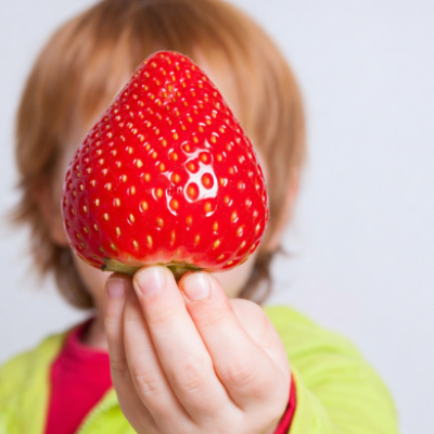 fresas cogidas por un niño