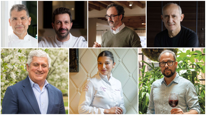 Collage con retratos de los chefs Paco Roncero, Paco Pérez, Iván Cerdeño y Carolina Álvarez, junto a expertos participantes en Spain Fusion The Premium Experience Tampa.