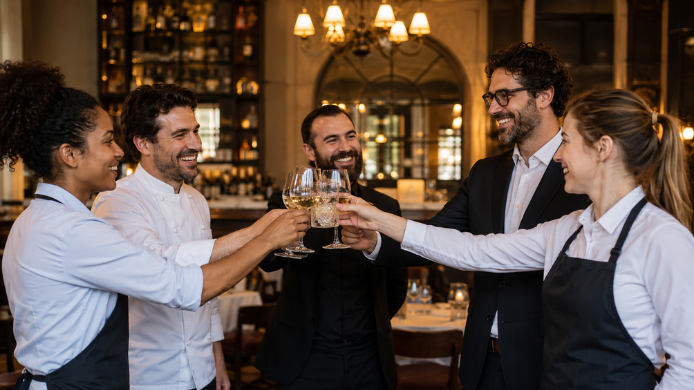 Grupo de profesionales de la hostelería brinda con copas de vino en el interior de un restaurante.