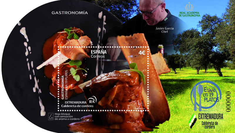 Sello de Correos dedicado a la caldereta de cordero de Extremadura, perteneciente a la colección “España en 19 platos”. (Foto: Correos)
