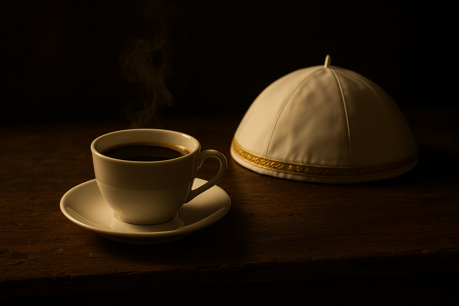 taza de café humeante junto a sombrero papa