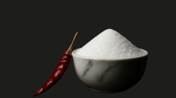 Cuenco de azúcar junto a un chile rojo que representa la combinación dulce con picante en gastronomía