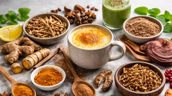 Diferentes tipos de plantas, raíces y hongos, adaptógenos