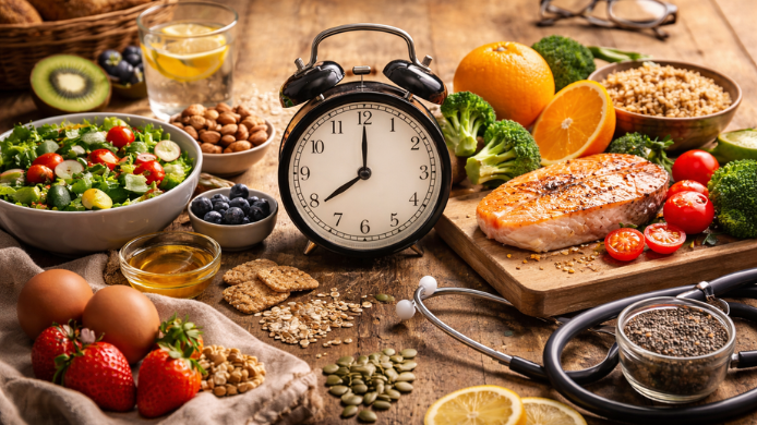 Crononutrición, frutas y verduras alrededor de un reloj