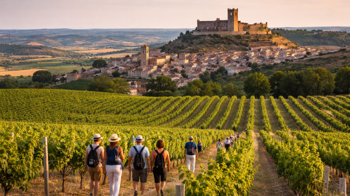 Personas visitando un viñedo , enoturismo