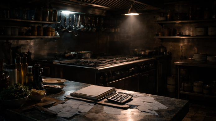 Cocina apagada con una sola luz encendida y facturas en la mesa
