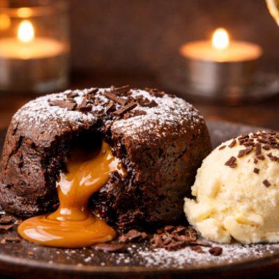 coulant de chocolate con dulce de leche, helado de vainilla y champán