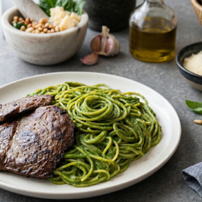 plato con tallarines verdes y filete de ternera asado, rodeado por cuencos de ingredientes como piñones, queso y ajo, con un vaso de vino tinto.  Adaptación del pesto genovés