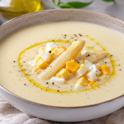 Crema fría de espárragos blancos servida en un cuenco con huevo duro, aceite de oliva y pimienta