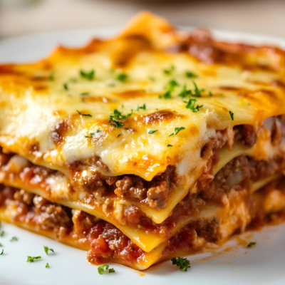 Porción de lasaña boloñesa tradicional con queso gratinado en un plato