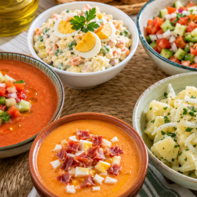 Mesa de verano con gazpacho, salmorejo, ensaladilla rusa, pipirrana y papas aliñás